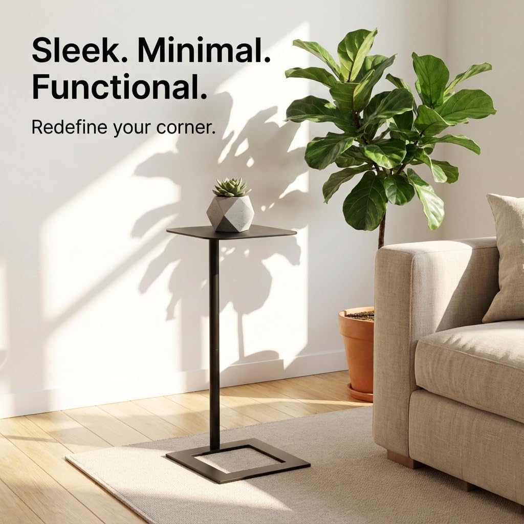 23.4" Stable C Table End Table, Tall C Shaped Side Table That Slides Under Sofa, Slim Under Couch Table, Modern