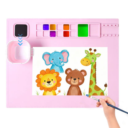 AWOKE Silicone Painting Mat | 20"x16" No-Spill Art Matt for Resin DIY, Beading, with Magnetic Water Cup, 12 Paint Wells & Palettes | Washable Table Protector for Toddlers & Kids Gift (Pink)