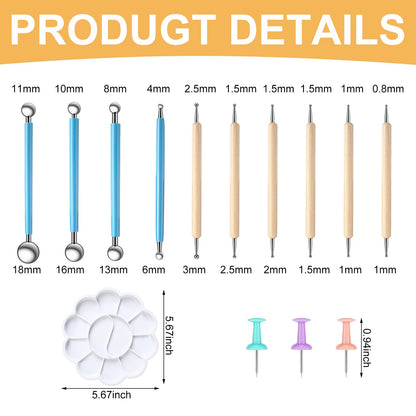 FunooFuno 17 Pcs Mandala Dot Painting Tool Kit 3-in-1 Mandala Ruler with Holes 3 Thumb Tacks 10 Ball Stylus Flower Paint Palette for DIY Rock Painting Clay Modeling Drawing and Drafting