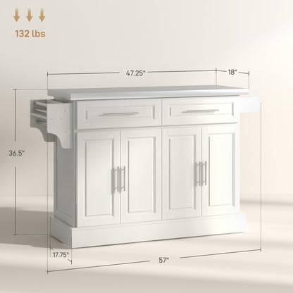 HOMCOM Rolling Kitchen Island Cart with 47" Stainless Steel Top, Portable Island Table for Kitchen with Wheels, Adjustable Shelves, 2 Drawers, Spice, Knife and Towel Rack, Cream White