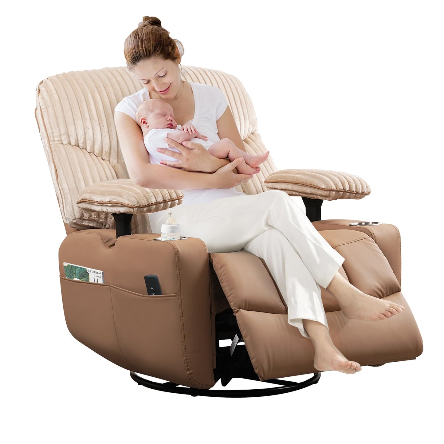 GRAINELL Rocking Chair Nursery, Electric Swivel Recliner Glider with Adjustable Armrests, Nursing Chair with USB Charger, Cup & Blanket Holders, Brown Corduroy & PU Leather