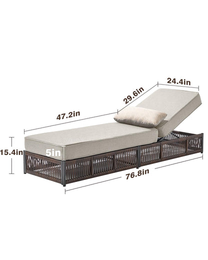 ACTREST Luxury Outdoor Chaise Lounge with 5 Inch Thickened Cushions - 1 Set High Back Brown Wicker Patio Recliners Rattan Reclining Chairs Porch Poolside Pool Sunbathing Lounger - Beige