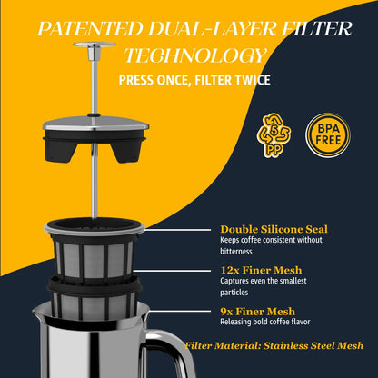 ESPRO Pro P7 French Press Stainless Steel 304 - Patented Double Micro-Filter for Grit-Free Coffee, Double Wall Insulated Coffee Maker, Plastic-Free & Heat Resistant - Polished 32oz