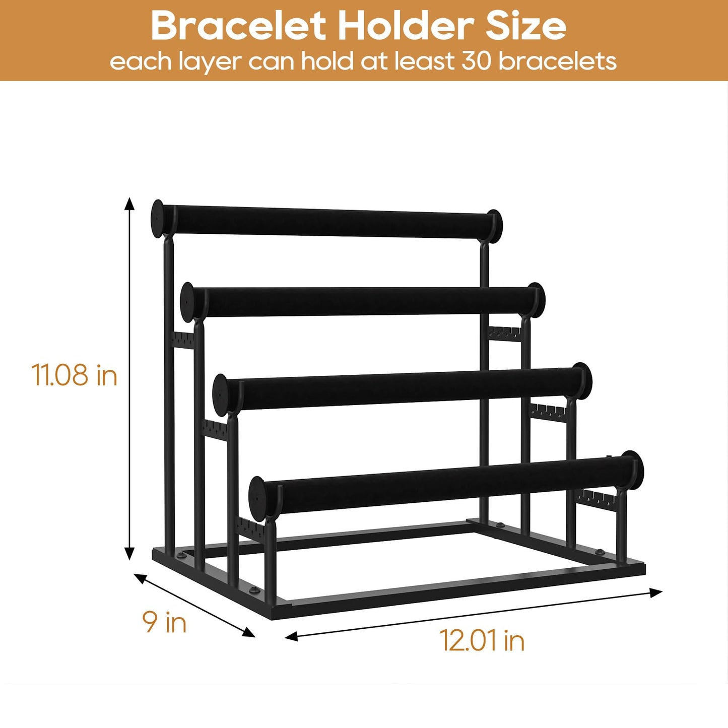 ORLESS 4 Tier Bracelet Holder, Detachable Velvet Jewelry Display Stand, T-Bar Necklace Storage Organizer Display Stand, Metal Bracelet Holder Display for Bangles Watch Bracelets Scrunchies(Black)
