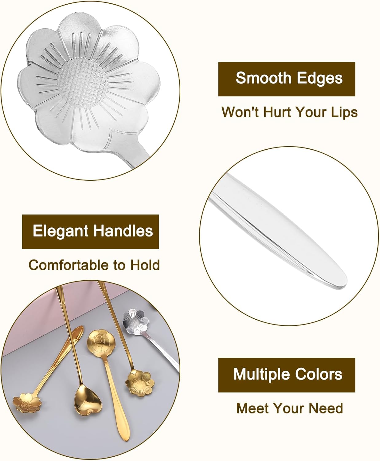 uxcell 4Pcs Stainless Steel Flower Spoon, 7 Inch Long Handle Teaspoon for Ice Cream, Coffee, Cocktail Mixing, Silver