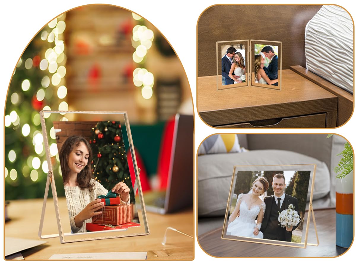 Classura Gold 5x5'' Square Floating Frame Set of 2,For Photo Sizes (3x3''& 4x4''),Beautiful Metal Beaded Edge Frames Adjustable Tabletop/Shelf Photo Frame,Classy Gift Choice for Wedding,Chrismas
