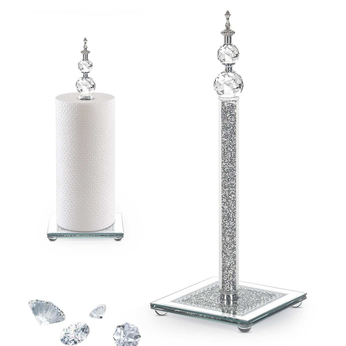 Crystal Paper Towel Holder, Bling Silver Paper Towel Roll Holder, Decor Standing Paper Towel Holder with Weighted Base, Paper Towel Dispenser for Kitchen Countertops Bathroom, Anti Slip(Square/Silver)