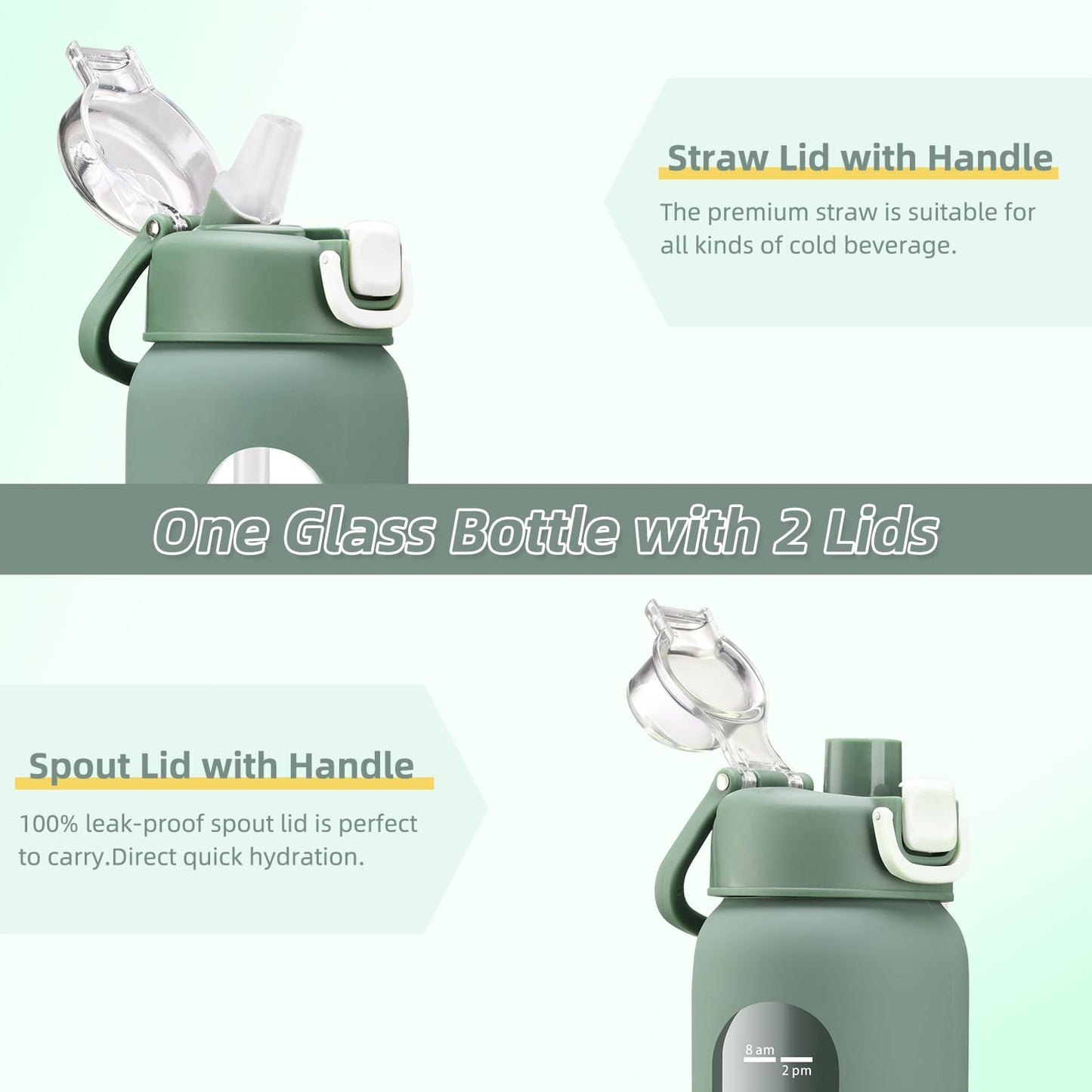 chunmo 32 oz Glass Water Bottles with 2 Lids-Handle Spout Lid & Straw Lid, 1 Liter Motivational Borosilicate Water Bottle with Time Marker and Silicone Sleeve,Leakproof-Olive-1 Pack