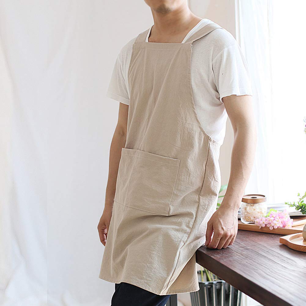 NEWGEM Japanese Linen Cross Back Kitchen Cooking Aprons for Men with Pockets for Baking Painting Gardening Cleaning Khaki