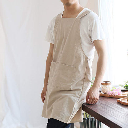 NEWGEM Japanese Linen Cross Back Kitchen Cooking Aprons for Men with Pockets for Baking Painting Gardening Cleaning Khaki