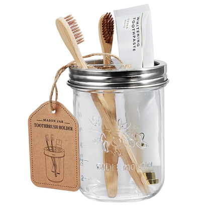 Amolliar Mason Jar Bathroom Accessories Set(4 Pack) - Foaming Soap Dispenser&Qtip Holder &Toothbrush Holder-Rustic Farmhouse Decor Bathroom Organizer Apothecary Jar Country Countertop (Brushed Nickel)