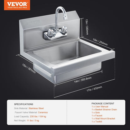 VEVOR Commercial Hand Sink with Faucet, Stainless Steel Sink for Washing, Small Washing Sinks, Wall Mount Hand Basin, Utility Sink for Restaurant, Kitchen, Bar, Garage and Home, 17 x 15 inch