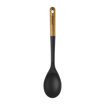 STAUB Serving Spoon, Great for Scooping Sides and Serving Hearty Stews, Durable BPA-Free Matte Black Silicone, Acacia Wood Handles, Safe for Nonstick Cooking Surfaces