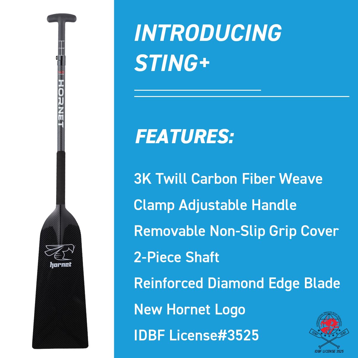 Hornet Watersports Dragon Boat Paddle - Black Glossy - Adjustable Carbon Fiber - IDBF Approved - Dragon Boat Accessories