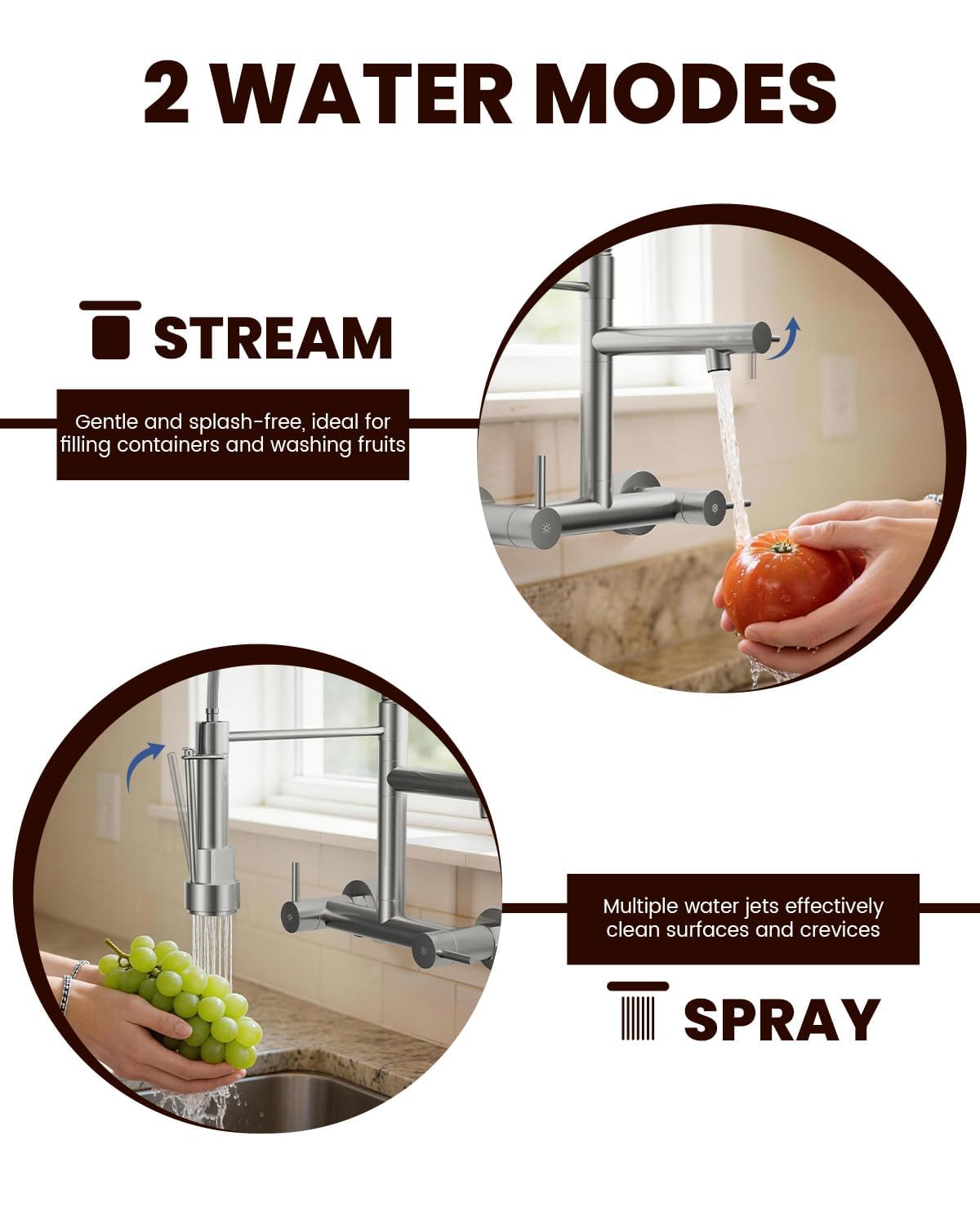 BLYLUND Wall Mount Kitchen Faucet with Pull Down Sprayer, Stainless Steel 8 Inch Center Commercial Sink Faucets 2 Handle Utility Sink Tap High Arch for Kitchen Laundry Restaurant, Brushed Nickel