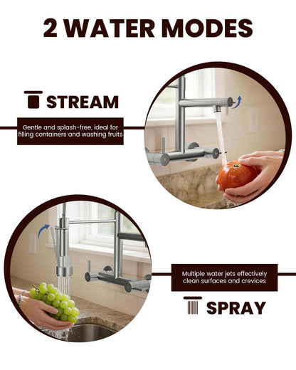 BLYLUND Wall Mount Kitchen Faucet with Pull Down Sprayer, Stainless Steel 8 Inch Center Commercial Sink Faucets 2 Handle Utility Sink Tap High Arch for Kitchen Laundry Restaurant, Brushed Nickel