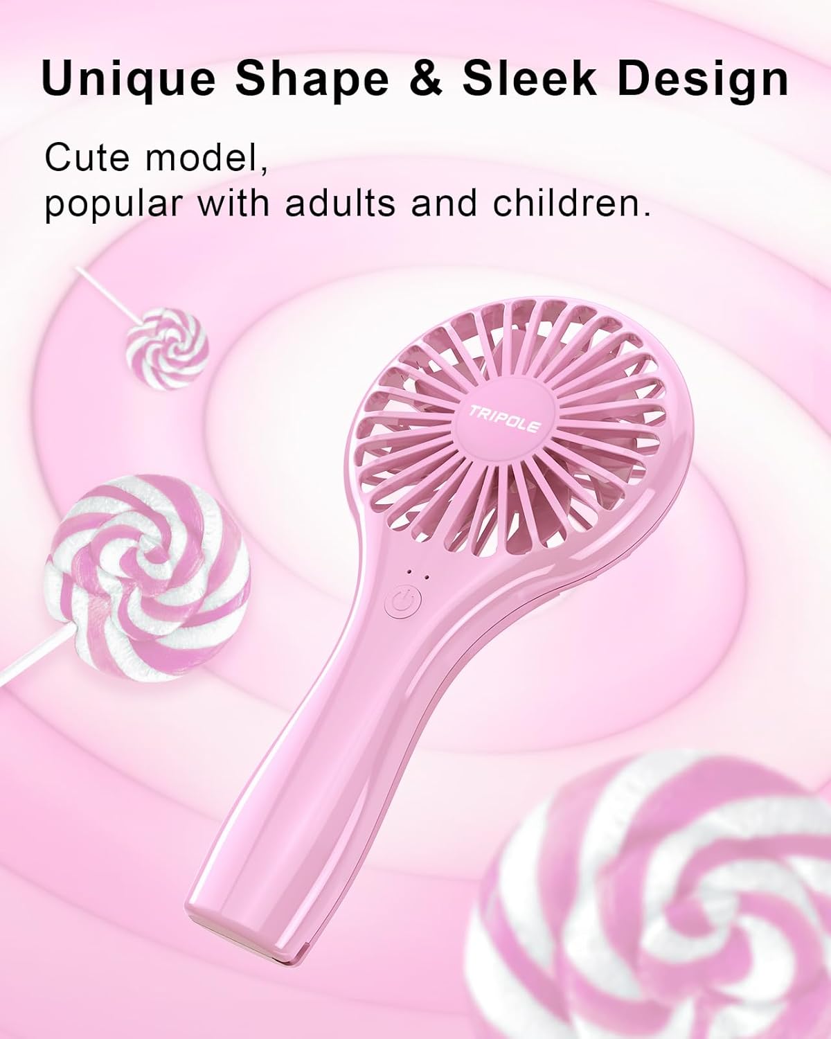 TriPole Mini Handheld Fan, Battery Operated, Portable, Speed Adjustable, USB Rechargeable, Pink for Kids, Women, Men,