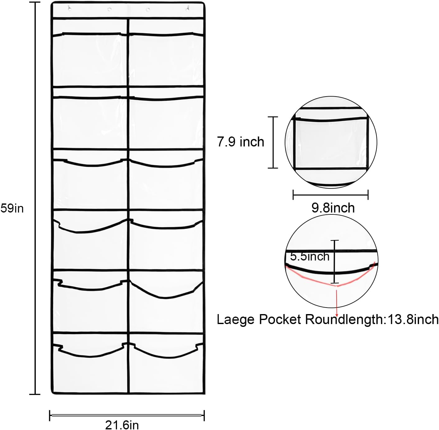 1 Pack 12Pockets Closet 4Hooks, (59'' 21.6'') Clear Crystal Large Hanging Shoe Organizer Over The Door Shoe Rack