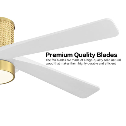 WINGBO 54 Inch Flush Mount Rattan Ceiling Fan, 3CCT Dimmable Light, 5 Carved Wood Blades, 6-Speed Reversible DC Motor, Modern Ceiling Fans for Indoor, Aged Brass Finish and White Blades