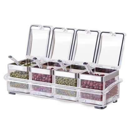 TENTA KITCHEN Gourmet Acrylic Seasoning Box - Premium Quality Pure Acrylic Container and Case- 18/8 Stainless Steel Ring - 4 Serving Spoons -Luxurious Condiment Cruet Bottle, Spice Jar Set