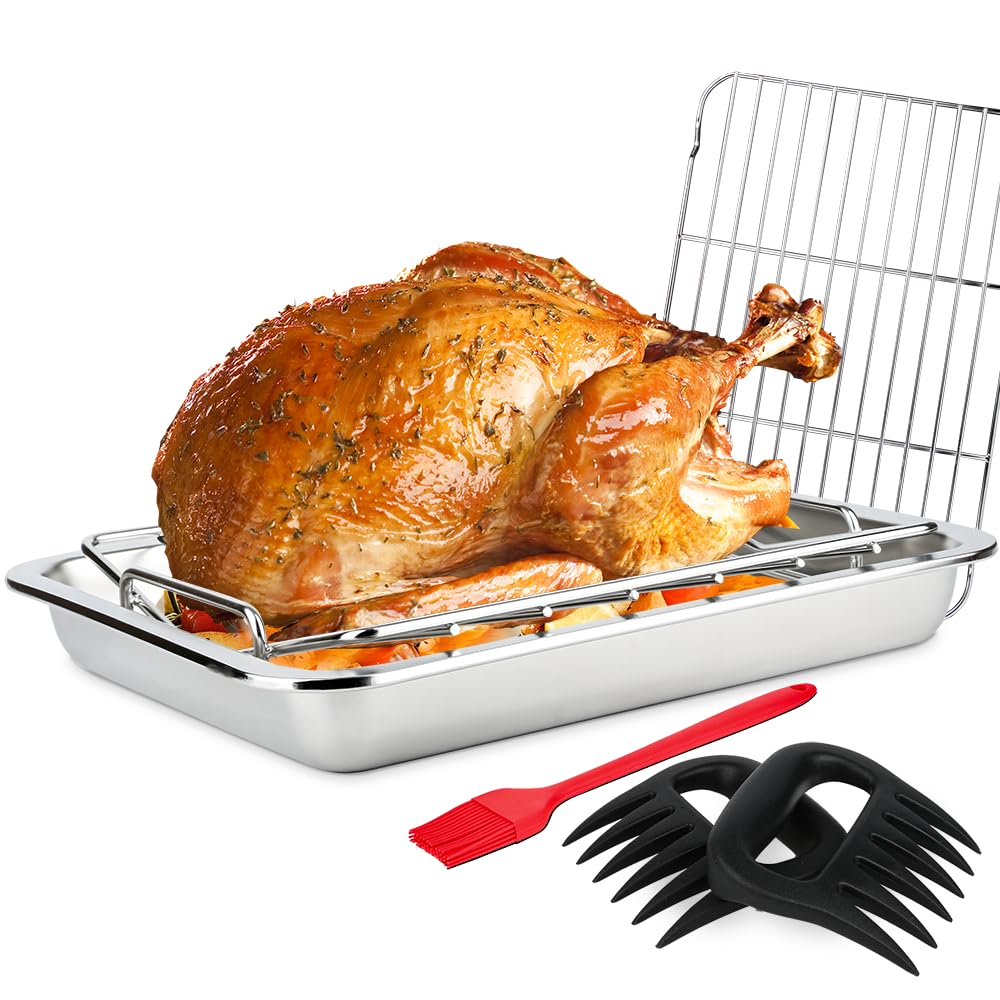 15.5 Inch Turkey Roasting Pan with V-Rack, Stainless Steel Turkey Roaster Pan for Ovens, with V & Flat Rack Meat Claws Brush, Deep Broiling Pan for Turkey Chicken Ham