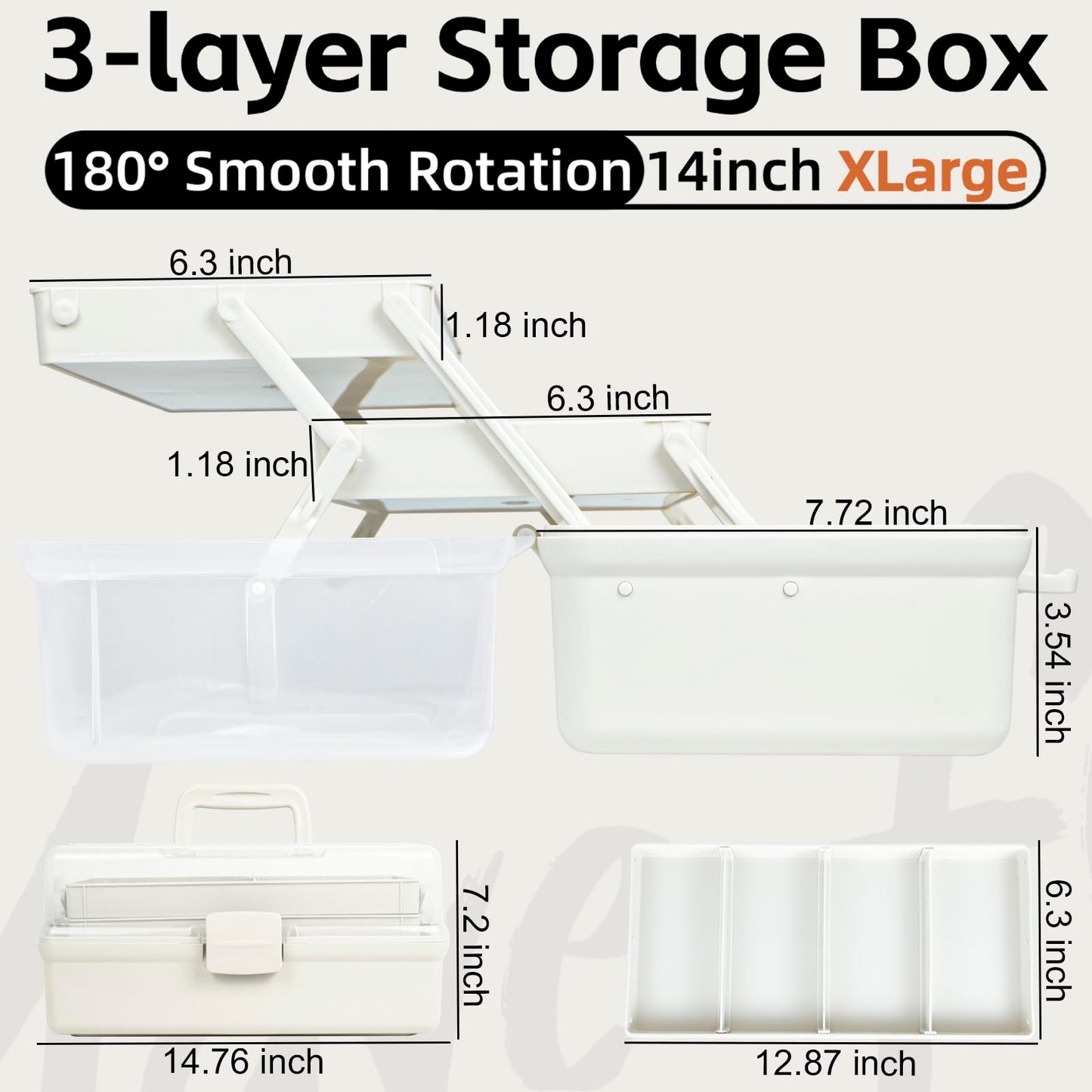 TERGOO 14in 3-Layer Multipurpose Craft Organizers and Storage with Adjustable Dividers, Portable Tackle Box, Folding Art & Craft Case for Medicine, Tool, Sewing Organizer (White, X-Large)