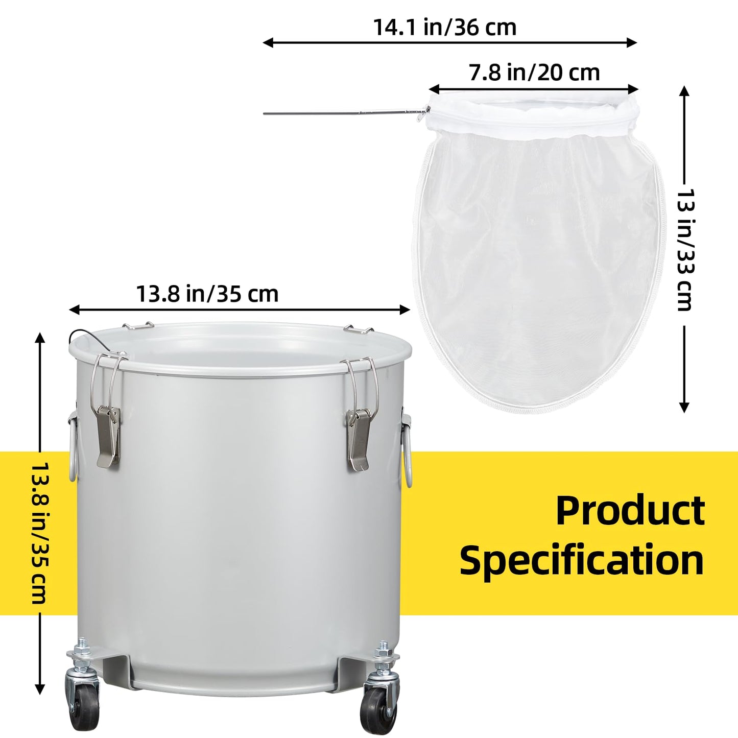 8 Gal Fryer Grease Bucket, Fryer Oil Bucket with Lid, Oil Disposal Caddy with Rust-Proof Coating, Coated Carbon Steel Oil Filter Pot with Caster Base, Oil Transport Container with Lock Clips & Filter