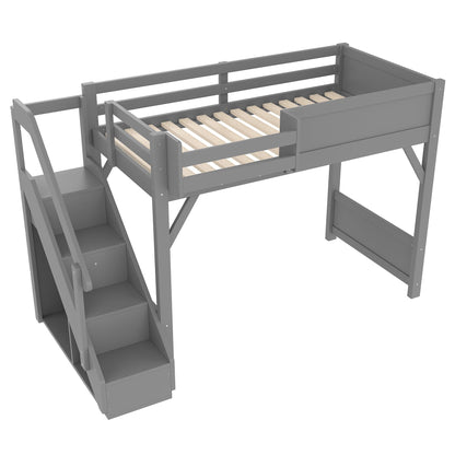 DNYN Loft Bed Frame with Built-in Wardrobe and Bedside Shelf for Teens/Adults Bedroom, Space-Saving Twin Size Bed Frame with Staircase and Guardrails, No Box Spring Needed