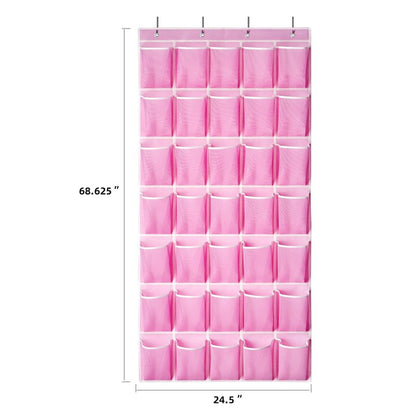SAVERHO 35 Pockets Over the Door Shoe Organizer, Hanging Shoe Organizer for Door with 35 Mesh Pockets Large Capacity Shoe Hanging Storage Bag with 4 Metal Hooks (Pink-1Pack)