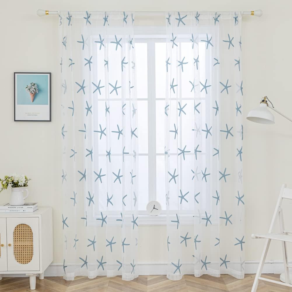 Embroidered Teal Starfish Sheer Curtains, 84 Inch Long Rod Pocket Drapes for Living Room, 52 x 84 Inch 1 Panel
