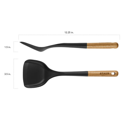 STAUB Wok Spatula, Perfect for Scooping, Flipping, Stirring, and Turning Stir Fries, One Size, Durable BPA-free Matte Black Silicone, Acacia Wood Handles, Safe for Nonstick Cooking Surfaces