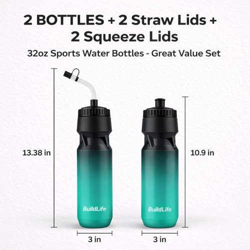 Hockey Water Bottle with Long Straw -32 OZ Squeeze Sports Lacrosse Water Bottles 2 Pack with 2 Lids Each(Straw and Squeeze),for Helmet Hockey,Boxing,BPA Free,Dishwash Safe(Black Blue+Black White)
