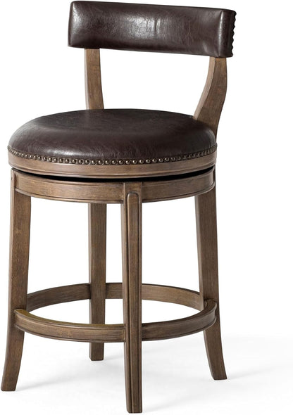 Maven Lane Alexander Counter Stool 26 Inches – Swivel Stool with Footrest – Brown Solid Wood and Brown Faux Leather Upholstery – Perfect for Kitchen Island and Counter