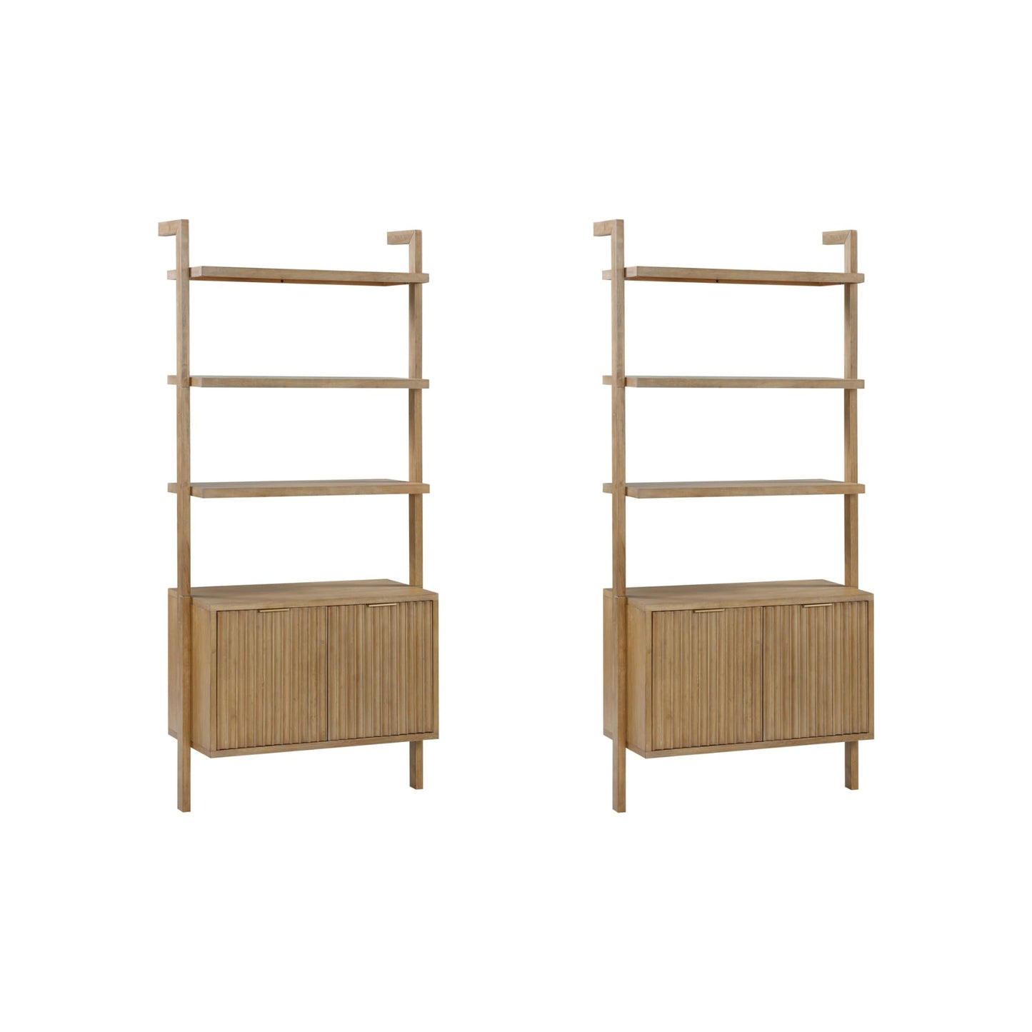 Nathan James Jasper 3-Shelf Solid Wood Boho Bookshelf, Wall Mounted Bookshelf with Cabinet with Fluted Doors, Light Brown, Set of 2