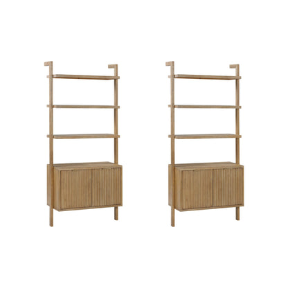 Nathan James Jasper 3-Shelf Solid Wood Boho Bookshelf, Wall Mounted Bookshelf with Cabinet with Fluted Doors, Light Brown, Set of 2