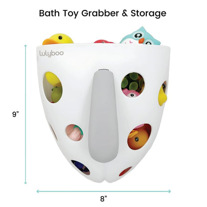 Lulyboo Baby Bath Toy Holder with No-Slip Suction Cups, BPA-Free Drainage Bin, Easy Clean Wall Organizer, White & Grey, Keeps Bathroom Clutter-Free & Safe for Kids