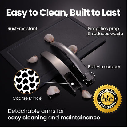 No Peeling Required Garlic Press Stainless Steel with Detachable Handle for Coarse Mincing - Premium Garlic Mincer Tool, Rust-Proof, Easy to Clean, Dishwasher Safe Garlic Crusher, Lifetime Replacement