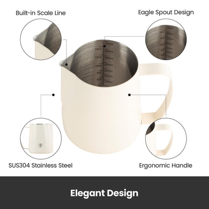 Gemilai 450ml Milk Frothing Pitcher -15.2oz Professional Coffee Steaming Jug for Lattes, Cappuccinos & Espresso, Heat-Resistant Handle, Easy Pour Spout, Durable & Easy to Clean,White