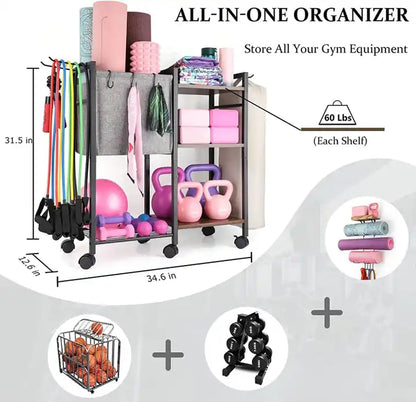 KOMFGT Yoga Mat Holder Storage Rack, Yoga Mat Storage Racks for Dumbbells Kettlebells Foam Roller, with Hooks and Wheels,Black (White)