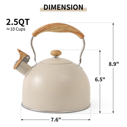LONFFERY Tea Kettle for Stove Top, 2.5 Quart Whistling Tea Kettle, with Food Grade Stainless Steel and Wood Pattern Folding Handle, Creamy White