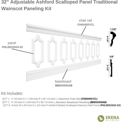 WPKUSC041P032 94 1/2"L (Adjustable 32"H to 36"H) Ashford Scalloped Panel Traditional Wainscot Paneling Kit