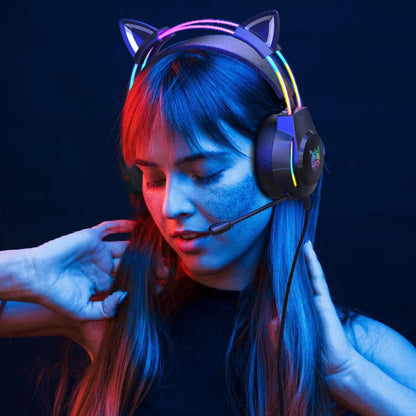 ONITOON Gaming Headset with Microphone, Cat Ear Headphones for PC Laptop PS4 PS5 Xbox Switch, Rainbow RGB Lighting & Virtual Surround Sound, 3.5mm Wired Over Ear Headphones, Ergonomic