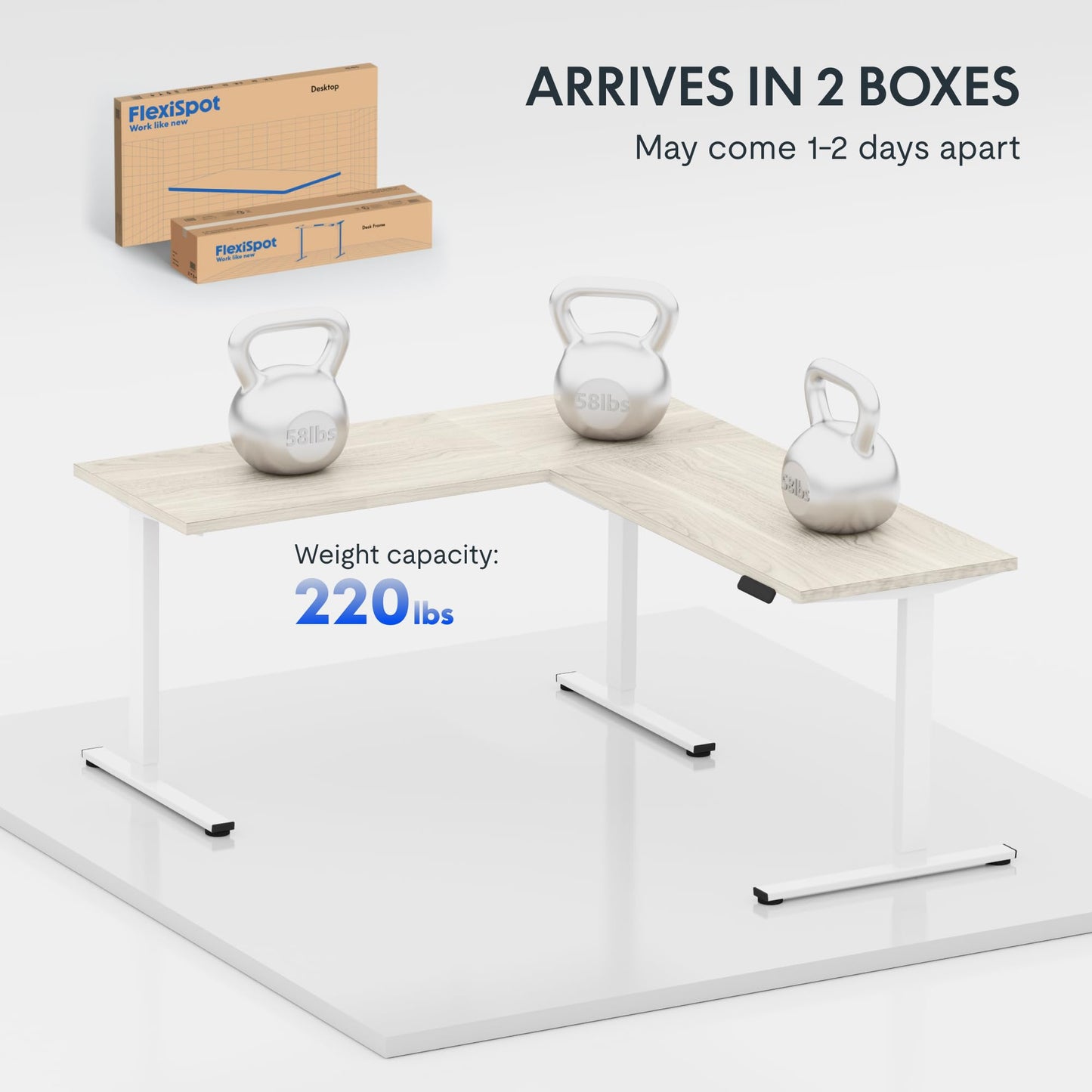 FLEXISPOT L Shaped Standing Desk, 63 x 47 Inch Electric Height Adjustable Corner Desk, Sit Stand Computer Workstation, Preset Controller, Home Office, White Frame with Maple Top