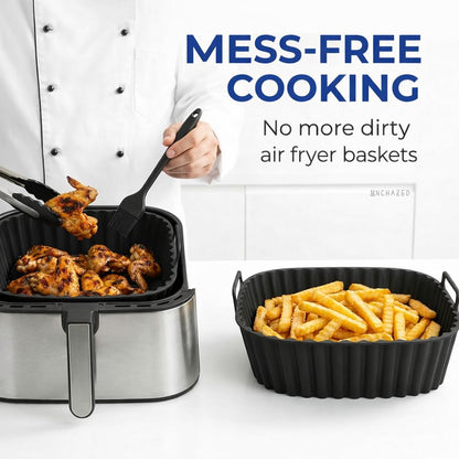 Air Fryer Silicone Liners 2 Pack for 4–7QT Square Basket – Reusable Nonstick Food-Grade Silicone Air Fryer Basket Liners – Dishwasher Safe, Includes Tongs & Basting Brush