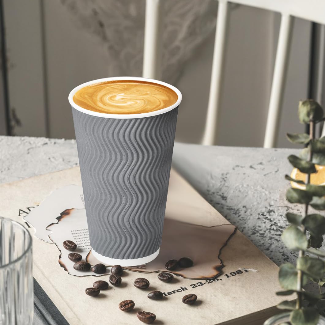BYSNOW 100 Pack 16 oz Coffee Cups with Lids, Disposable Insulated Hot Cups To Go Paper Coffee Cups, Corrugated Ripple Wall Cup for Hot Drink, Office, Coffee Bar (Grey 16 oz)