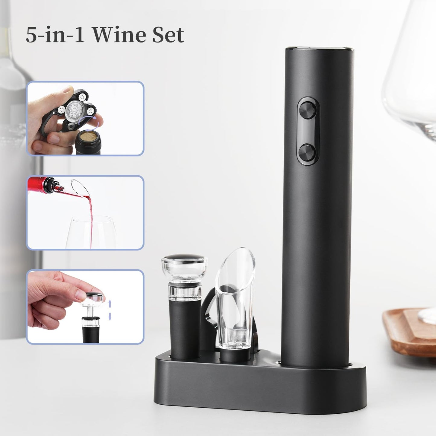 Electric Wine Opener Set, Battery Operated Corkscrew with Storage Base, Automatic Wine Opener for Home Bars (Black)