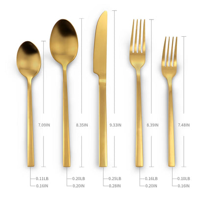 Kelenfer Stainless Steel Flatware Set Hand Forged 18/10 Silverware Set Cutlery Set Gold Cuboid Handle Matte Finished 60 Pieces Service for 12