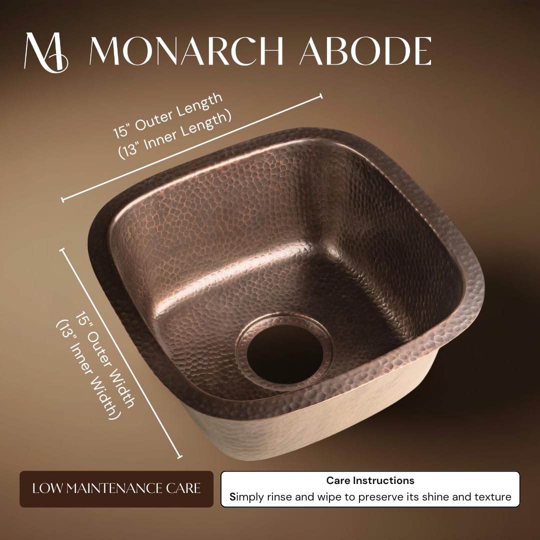 Monarch Abode Kitchen & Bar Sink – 15-inch Atlas Dual Mount Drop in Kitchen Sink, Hand Hammered Pure Copper Sinks, Drop in Bar Sinks or Undermount, Deep Single Bowl