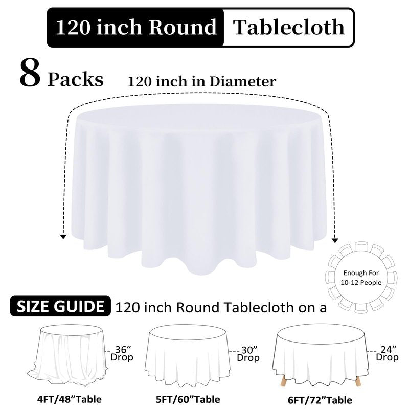 Heneger 8 Pack White Round Tablecloth 120 Inch White Table Cloth Stain and Wrinkle Resistant Reusable and Washable Polyester Fabric Table Covers for Buffet Wedding Party and Banquet