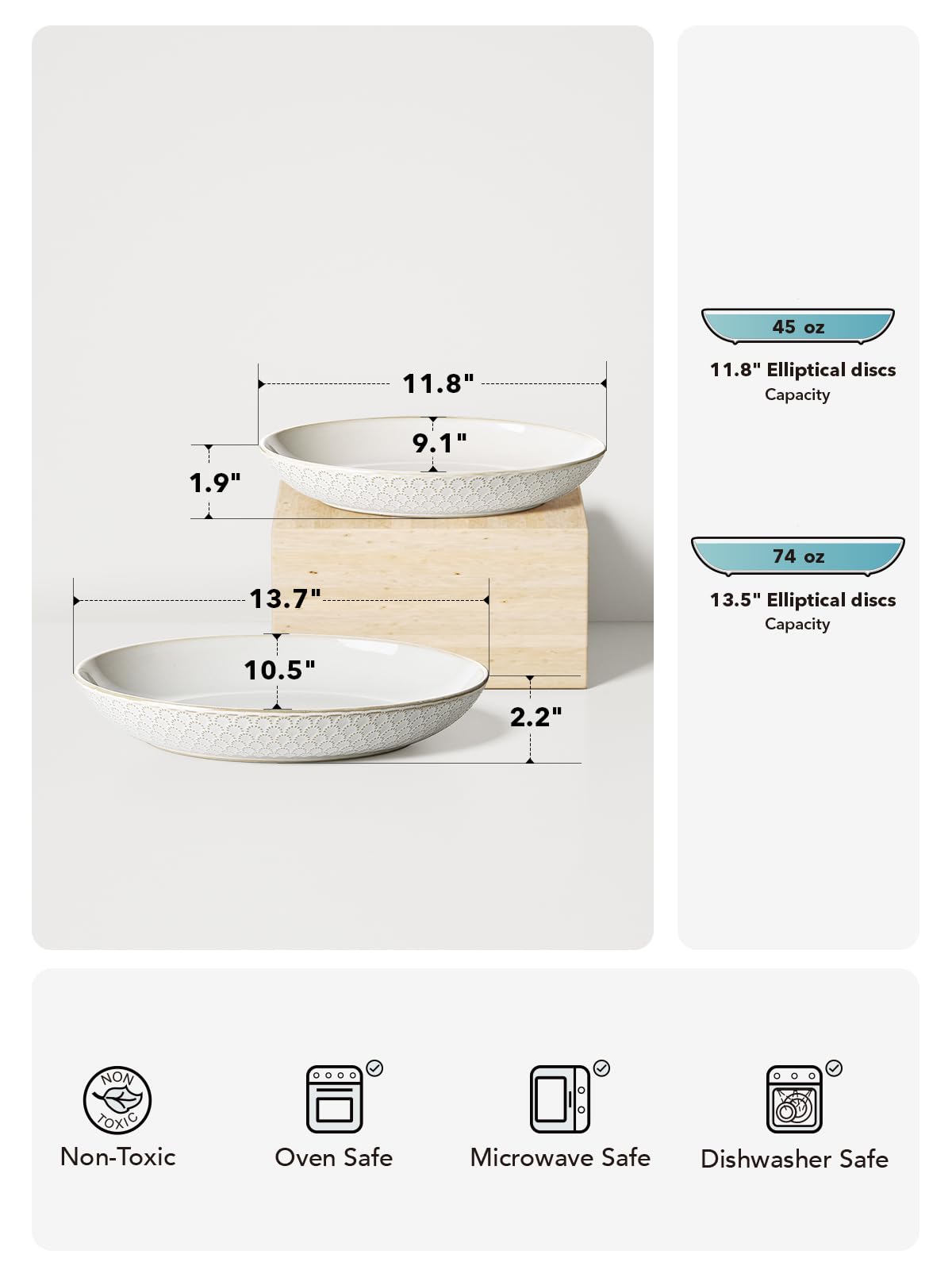 LE TAUCI Ceramic Serving Bowls Set of 2, Large Oval Serving Dishes for Entertaining, 11.8 & 13.7 Inch Salad Bowl for Kitchen Counter, Fruit Bowl, Pasta Bowls, Microwave and Dishwasher Safe - White